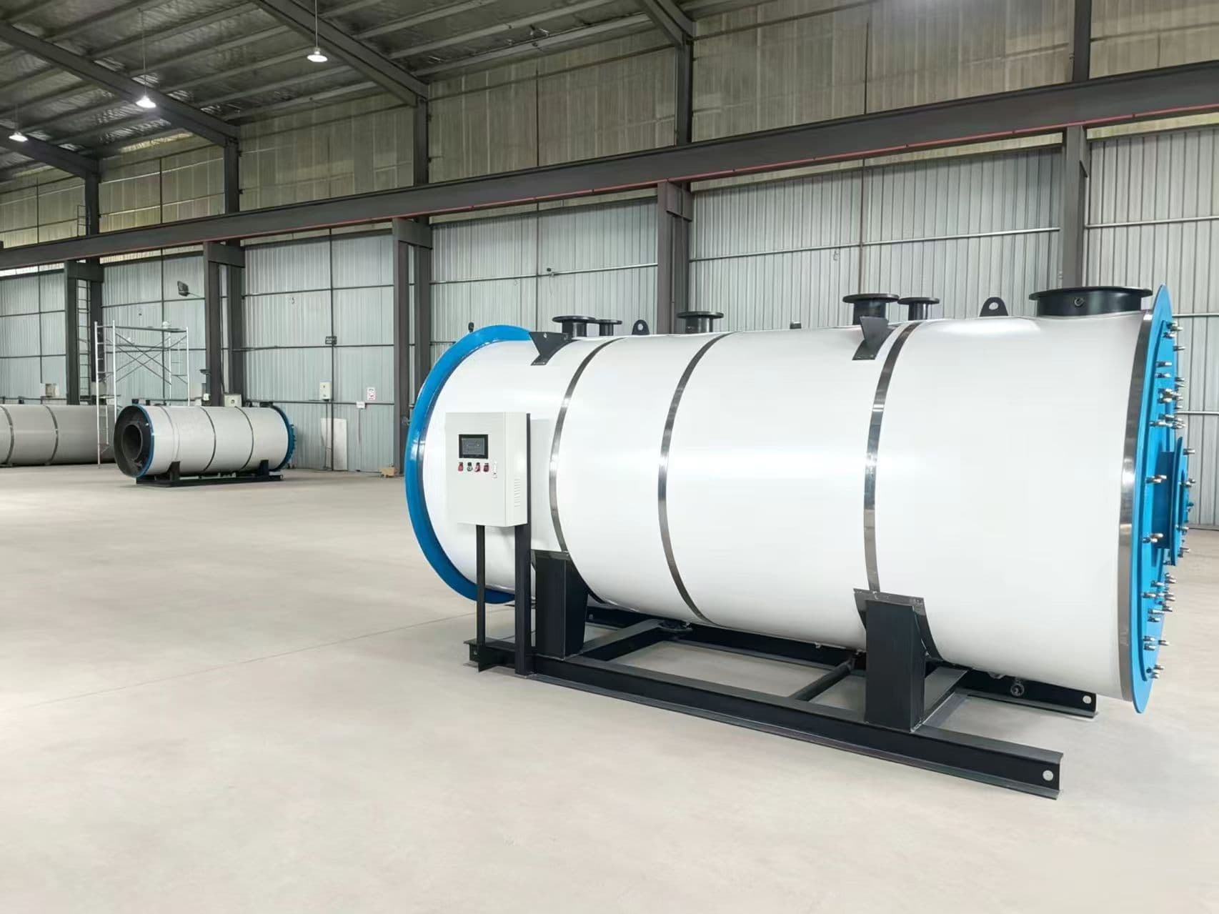 Workshop display view of a newly manufactured boiler package ready for delivery